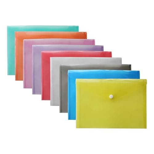 5 Assorted Color A4 Popper Wallets - Clear Plastic Paper Wallets for Document Storage and Office Organization Supplies - Lightweight Transparent Folders with Snap Closure (Pack of 5, A4)