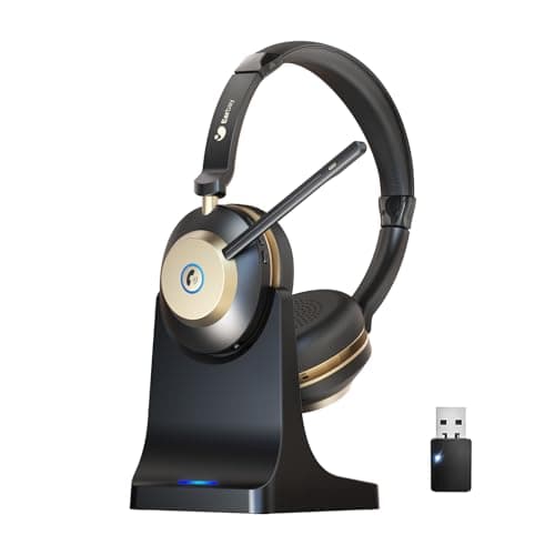 Wireless Headset, Bluetooth Headset With Microphone Noise Canceling & USB Dongle, On Ear Headphones with Charging Dock & 45hrs Working Time for Computer/Mobile Phones/Ms Teams/Skype/Zoom/Office