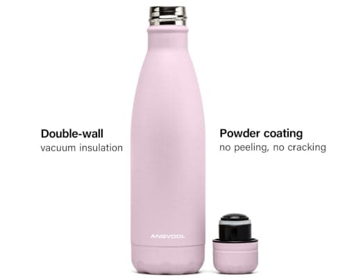 ANGVOOL Insulated Water Bottle, Stainless Steel Metal Thermal Flask for Hot and Cold Drinks, Leak Proof BPA Free Drinking Bottles for Kids or Adults (Light Pink, 500ml) — view 2