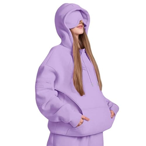 Travel Hoodie For Women Hoodies With Eye Mask Built In Ladies Oversized Hoodies Hooded Sweatshirt Pullover Tops Long Sleeve Sweatshirts Autumn Winter Thermal Fleece Tops With Pockets Trendy Outfits