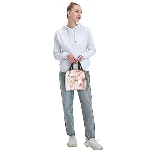 Lunch Bag Insulated Box Marble Painting with Rose Gold Glitter Pink Reusable Tote Portable Leakproof Cooler Front Pocket for Travel/Picnic/Work/School/Office, Gold,pink — view 6