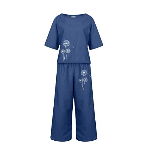 Nuaoxyeu holiday co ord sets for women Co Ords Sets for Women Uk Cotton Linen Two Piece Outfits Trousers and Shirt Set Summer Breathable Travel Outfit Baggy Twin-Sets Cozy Gym Navy, XL — view 2