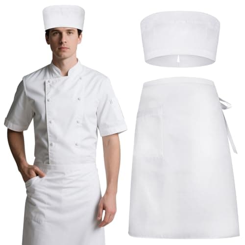 DiULi Apron and Chef Hat Set, Adjustable White Chef Apron with Pockets, Women's Cooking Kitchen Bib for Home Gardening Café