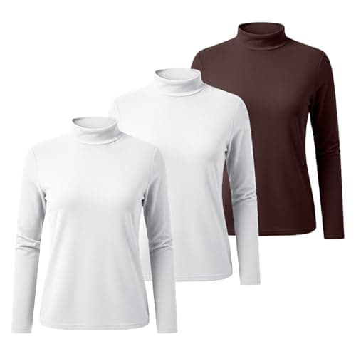 YCBMINGCAN Pack of 3 Women's Thermal Shirt Long Sleeve & Turtleneck Shirt Lightly Lined Soft Basic Top with Stand-Up Collar Thin Fleece Undershirt Winter Tops for Women, #3 Coffee, M — view 5