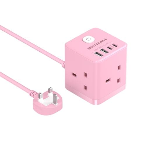 Pink Cube Extension Lead with USB C Slots, 3 Way Power Extension