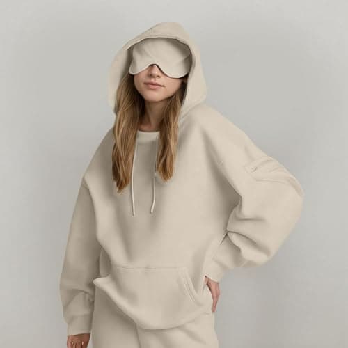 Ewleguzka Travel Hoodie with Eye Mask Built In,Comfrt Airplane Wearable Blanket Hoodie for Adults Men Women 4 Pockets Beige — view 3