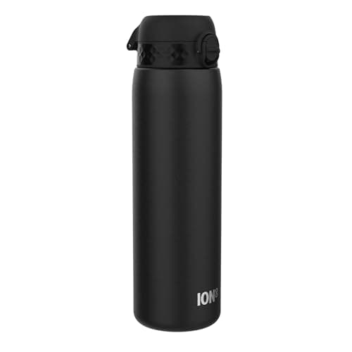Ion8 Lightweight 1 Litre Steel Water Bottle, Non-Insulated, Leak Proof, Easy to Open, Secure Lock, Dishwasher Safe, Flip Cover, Carry Handle, Ideal for Travel & Active Lifestyles, Black