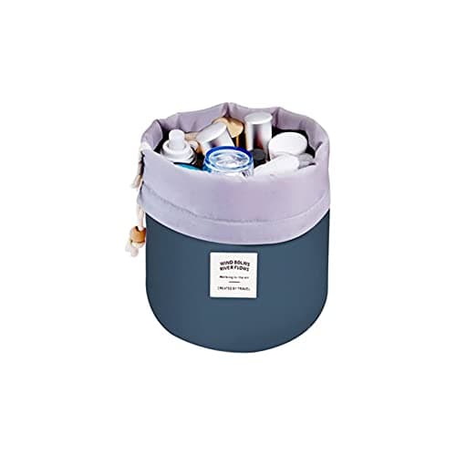 Women Travel Make Up Bag,Pouches Cosmetic Bags Girls Barrel Shaped Hanging Toiletry Wash Bags Nylon Drawstring Makeup Organizer Storage Bag + Small Zipper Pocket+PVC Transparent Brush Bag (Blue)
