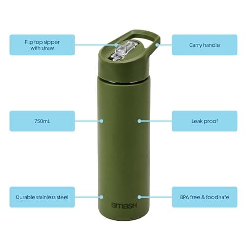 Smash Stainless Steel Water Bottle with Flip Top Lid and Straw - Olive 750ml — view 3