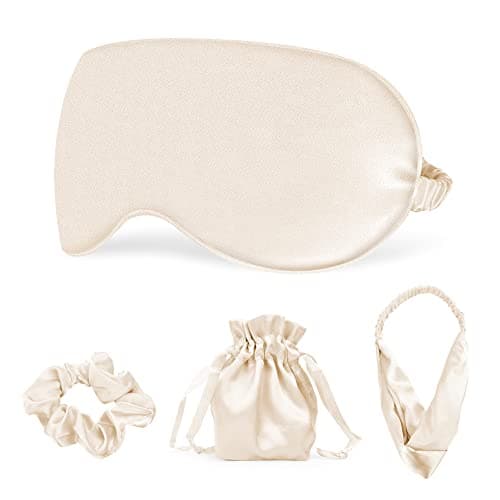 Sleep Masks Silk Sleep Eye Mask Travel Set Soft Sleeping Eye Mask with Hair Scrunchie Head Band and Travel Pouch for Girls Ladies 4 Pcs Apricot