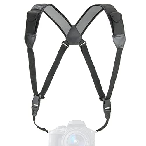USA Gear DSLR Camera Strap Chest Harness with Quick Release Buckles, Black Neoprene Pattern and Accessory Pockets - Compatible with Canon, Nikon, Sony and More Point and Shoot and Mirrorless Cameras