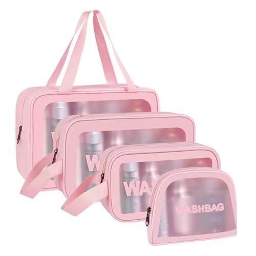 Aucuu 4PCS Clear Toiletry Bag, Wash Bag, Clear PU Makeup Bag, Waterproof Toiletry Travel Bag with Zipper Handle, Portable Airport Cosmetic Bag for Travel Bathroom Men Women (Pink)