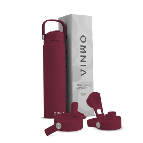 OMNIA NUTRIENTS Vacuum Insulated Stainless Steel Water Bottle, 2 Lids (Straw & Spout) Leakproof, BPA-Free, Reusable Flask Ideal for Travel and Outdoors (Burgundy - 750 ml)