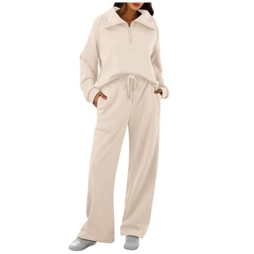 ziubauyke Tracksuit Womens Full Set 2 Piece Half Zip Long Sleeve Pullover Sweatshirt and Sweatpants with Drawstring Outfits Ladies Co Ord Sets Thermal Activewear for Autumn Winter Beige