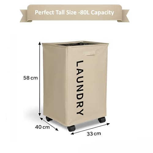 Large 80L Rolling Laundry Hamper | Foldable Clothes Basket with Wheels | Freestanding Washing Bin | Moisture Proof Oxford Fabric Storage Organizer |Beige — view 2