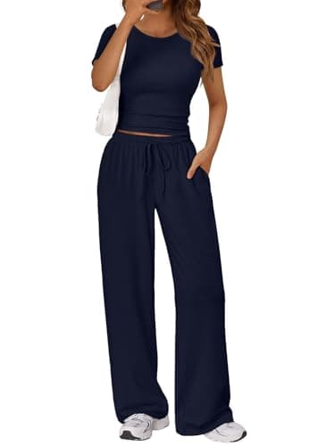 LILLUSORY 2 Piece Lounge Wear Sets for Women UK Vacation Travel Outfit Airport Casual Elastic Waisted Wide Leg Trousers Co Ord Sets Dressly Capsule Wardrobe Clothing 2026 Navy S