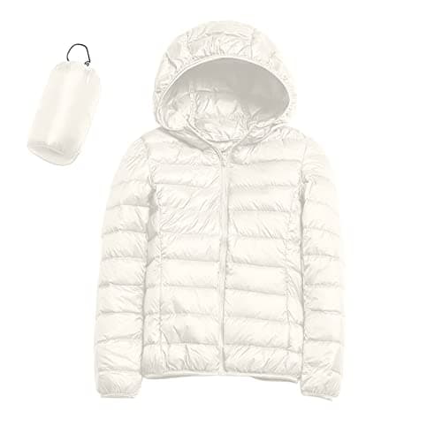 Womens Winter Lightweight Puffer Jacket with Hood Warm Short Packable Women Quilted Jacket Transitional Padded Down Jacket for Ladies Lined for Hiking Travel Plus Size Thin Jacket Down White