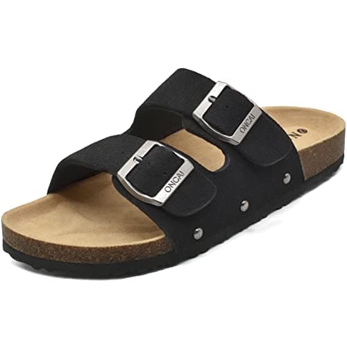 ONCAI Women’s Flat Slide Sandals Vegan Leather Adjustable Double Buckle Strap Cushion Cork Footbed Open Toe Mules with Non-slip Rubber Sole Black 6 UK
