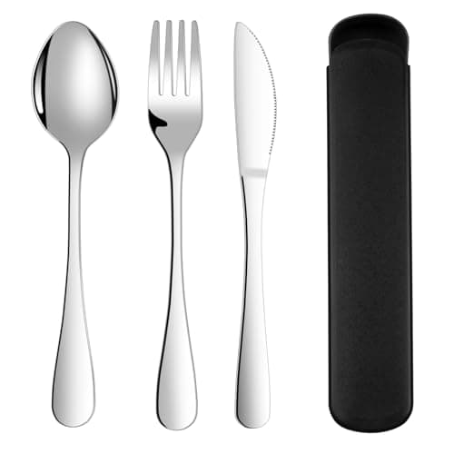 ABOHU Cutlery Set with Portable Pouch Case, 3 Piece Stainless Steel Flatware Set, Tableware Silverware Set with Spoon Knife and Fork Set, Mirror Polished, Dishwasher Safe - Black