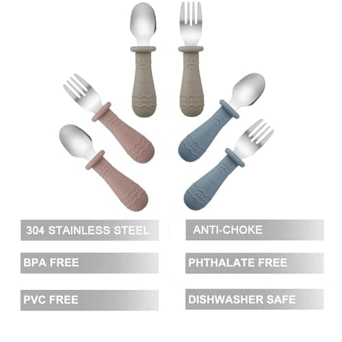 PandaEar 6 Pack Toddler Cutlery Set| Baby Fork and Spoon Set| Stainless Steel Childrens Kids Cutlery| Baby Cutlery Self Feeding 12 Months Plus with Silicone Holding Anti-Choke Design (Blue/Brown/Red) — view 2