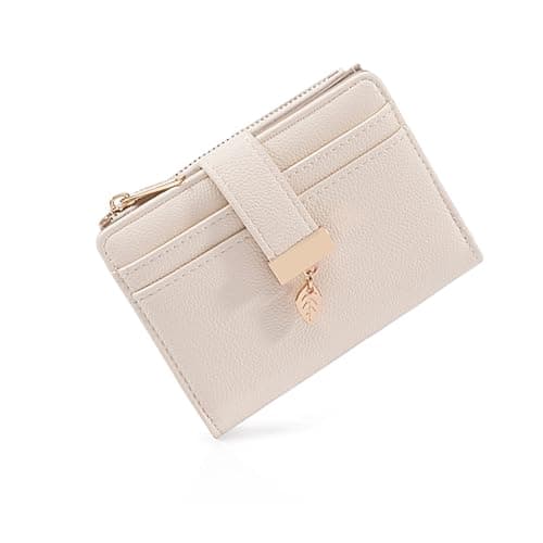 Pomelo Best Women's RFID Wallet - Vegan Leather Bi-fold Small Ladies Purse with Zipper Coin Pocket & ID Window - Leaf Charm Compact Wallet for Women (Beige)