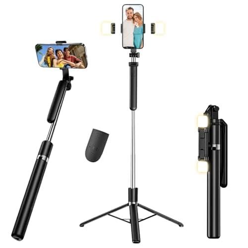 Selfie Stick Tripod with 2 Fill Light, Wireless Remote Control 360°Rotatable All-in-One Portable 180cm Extendable Cell Phone Tripod Stand, Selfie Stick for iPhone/Samsung/Smartphone/Camera