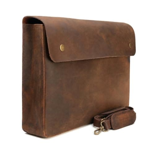 WANDERINGS Genuine Full Grain Leather Folder with Removable Strap - Handcrafted Folio Document Organizer - Leather Document Holder - Fits 15" 14" 13" Tablets and Laptops
