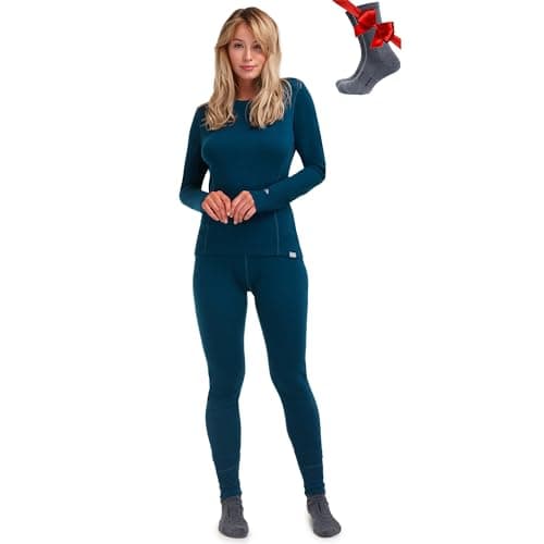 100% Merino Wool Base Layer Womens Set - Thermal Underwear Womens + Socks (Large, 250 Deep Teal)