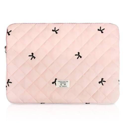 Flintronic 14In Laptop Sleeve, Cute Floral Quilted Laptop Case, Bow Quilted Lap-top Carrying Case, Portable Puffer Padded Lap-top Sleeve, Compatible with MacBook, Asus, Dell, HUAWEI