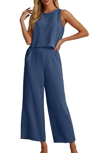 IWOLLENCE Co Ord Sets for Women 2 Piece Outfits Lounge Wear for UK Travel Airport Set Sleeveless Crop Tops Wide Leg Trousers with Pockets Casual Tracksuit Full Set Elegant (Dark Blue, L)