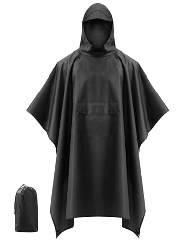Coutyuyi Waterproof Rain Poncho Adult Unisex with Hood & Pocket(Black，XXL)