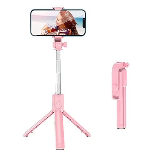 Domary Tripod Selfie Stick Portable Stainless Steel 360° Rotating Telescopic for Travel Remote Control 27.6in (Pink) — view 3