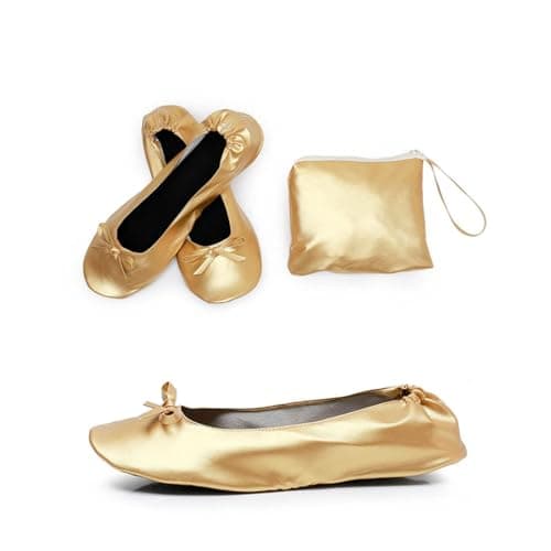 Women's Foldable Ballet Flats with Carrier Pouch Lightweight Comfy Portable Leather Roll Up Pumps with Bow After Party Non-Slip Soft Sole Flat Shoes for Ballerina Wedding & Travel Walking Gold — view 2