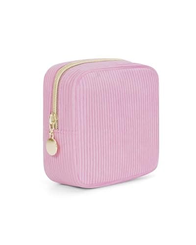 Wandering Nature Small Makeup Bag for Purse Zipper Cosmetic Bag for Women Pouch Travel Eco Vegan Leather Make Up Organizer for Toiletry Bag Water Resistant Gift Idea, Black, Corduroy Pink, Mini,