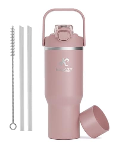 KANGZY Metal Water Bottle with Straw 1L/32oz – Vacuum Insulated Stainless Steel Flask, 2-in-1 Straw & Spout Lid, BPA-Free Leak-Proof Tumbler, Keeps Drinks Hot 8H+ / Cold 24H for Work, Travel Pink