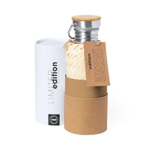 Personalised 600ml Stainless Steel Water Bottle with Bamboo Base & Straw Pouch - Limited Edition Eco-Friendly Custom Engraved Bottle with Carry Handle — view 2