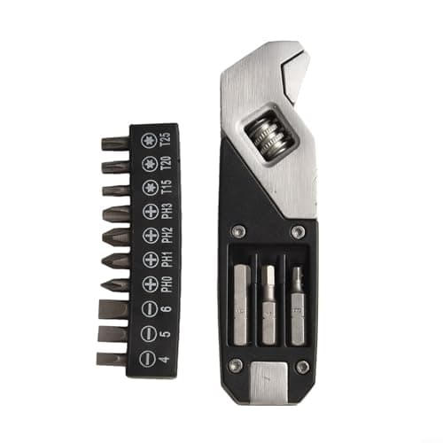 TONIXY Adjustable Foldable Stainless Steel Wrench with for TORX and Cross Screwdriver Bits, Compact Multi-Tool for Outdoor Camping, Travel and Everyday Use, Black Silver