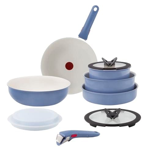 Tefal Ingenio Serenity Blue Non-Stick 11-Piece Cookware Set, Glass Lids