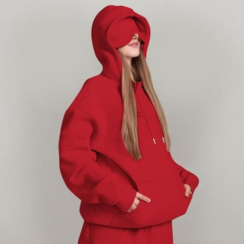Ewleguzka Travel Hoodie with Eye Mask Built In,Comfrt Airplane Wearable Blanket Hoodie for Adults Men Women 4 Pockets Red — view 2
