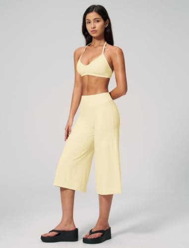 ABOCIW Workout Sets for Women Two Piece Halter Sports Bra Matching Wide Leg Capri Pants Gym Work Yoga Pilates Outfits, Butter Yellow, Large — view 3