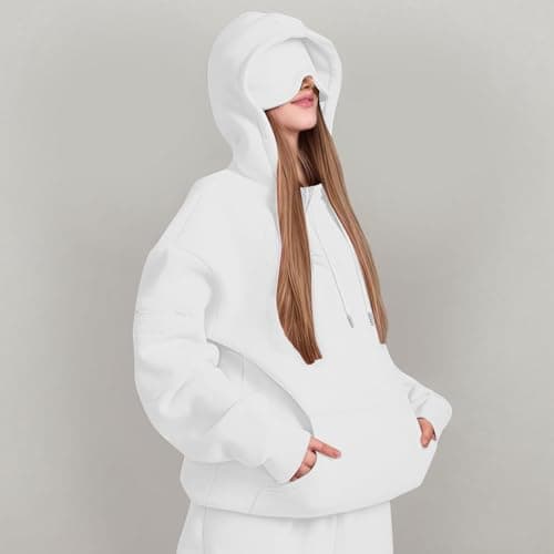 Ewleguzka Travel Hoodie with Eye Mask Built In,Comfrt Airplane Wearable Blanket Hoodie for Adults Men Women 4 Pockets White — view 2