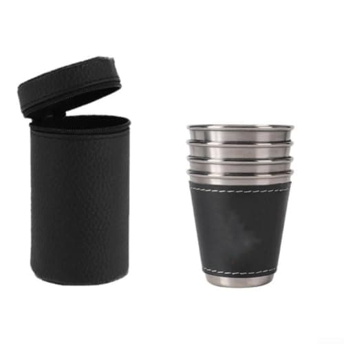 Portable Stainless Steel Cups 70ml Stackable Travel Mug Set with Leather Bag for Camping Hiking Picnic Outdoor Activity Black — view 2
