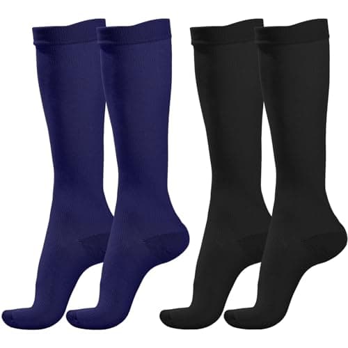 2 Pairs Compression Socks for Women & Men,Flight Socks Compression Stockings Knee High Pressure Support Flight Stockings for Maternity Pregnancy Nurses Flying Varicose Veins (Black+Navy, L/XL)