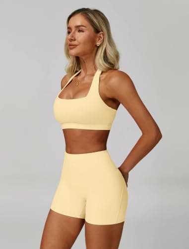 ABOCIW Workout Sets for Women Square Neck Halter Sports Bra High Waist Biker Shorts 2 Piece Gym Yoga Outfits, Butter Yellow, Small — view 3