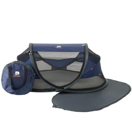 DERYAN Baby Travel Cot with Mattress from Birth to 2.5 Years - Pop Up Bed Tent Set Up in 2 Seconds - Includes Mosquito Net and Travel Bag, Fast & Compact Folding, Lightweight (Navy)