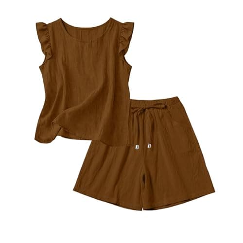Festival Co Ord Linen Shorts Co Ord Sets for Women Summer 2 Piece Airport Travel Outfits Sleeveless Ruffle Vest Tops Bermuda Shorts Plus Size Loungewear Tracksuit Full Set Leisure Suits Streetwear — view 5