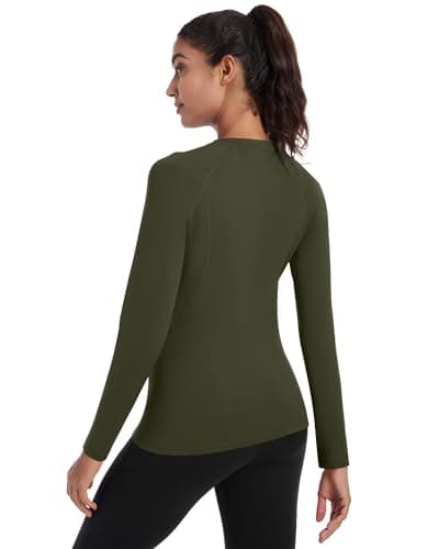 Runhit Thermal Tops Womens Long Sleeve Fleece Lined Compression Shirt Soft Warm Base Layer Moisture Wicking Sports Underwear for Ski, Running Gym Workout Army Green M — view 2