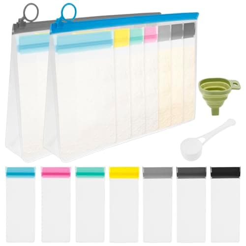 Protein Powder Travel Container Set,21Pcs Single Dose Bags & 2Pcs Large Zip BagsReusable Protein Powder Container to Go,Portable Supplement Storage with Funnel and Spoon for Workout Fitness