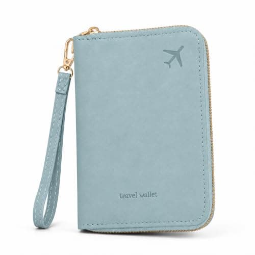ILIYAH RFID Passport Wallet Holder - PU Leather Travel Document Organiser with Zipper Wrist Strap Card Coin SIM Slots for Men Women Family Trips (Blue)