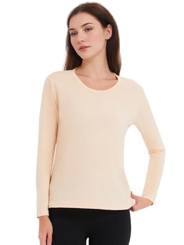 Monbessi Women's Thermal Tops Scoop Neck Ladies Long Sleeve Thermal Vests Thermal Underwear Warm Wicking Thermal Base Layers(L, Beige)